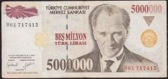 7.Emisyon 5 000 000 Lira H61 717415 Çok Temiz+