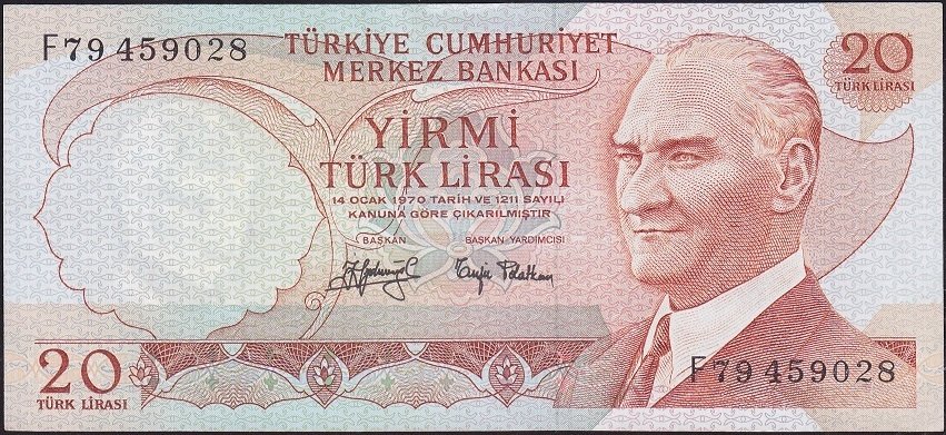 6.Emisyon 3.Tertip 20 Lira F79 459028 Ççt Çilaltı