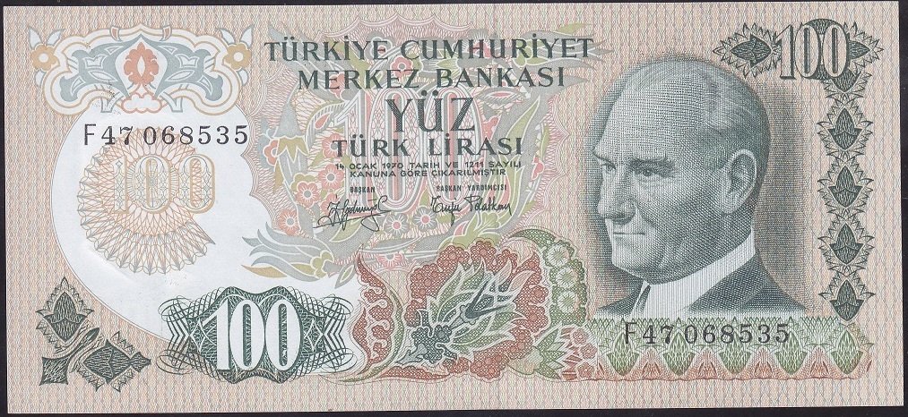 6.EMİSYON 2.TERTİP 100 LİRA F47 068535 ÇİLALTI ( HAFİF KAYIK BASKI )