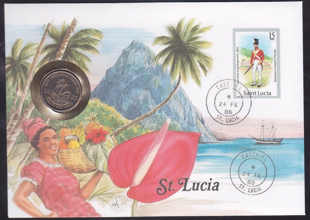 KARAYİPLER 25 CENT 1981 ST LUCİA ( KARAYİPLERDE BİR ADA) PULLU ZARF İLE BİRLİKTE SET