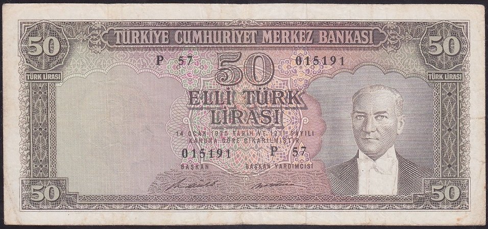5.EMİSYON 7.TERTİP 50 LİRA P57 015191 ÇOK TEMİZ