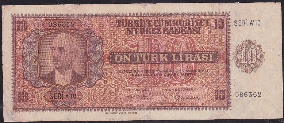 3.Emisyon 10 Lira A10 086362 Çok Temiz ( Tamirli )