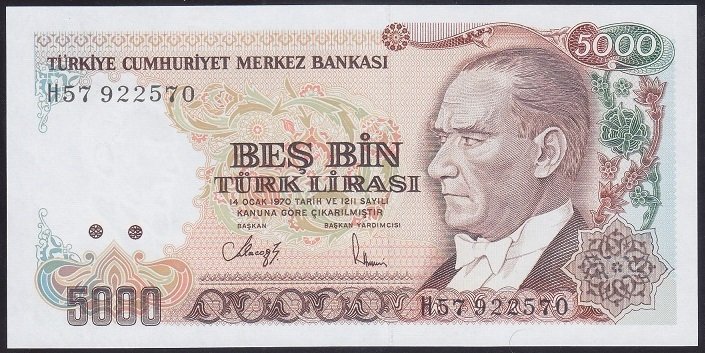 7.EMİSYON 4.TERTİP 5000 LİRA H57 922570 ÇİL