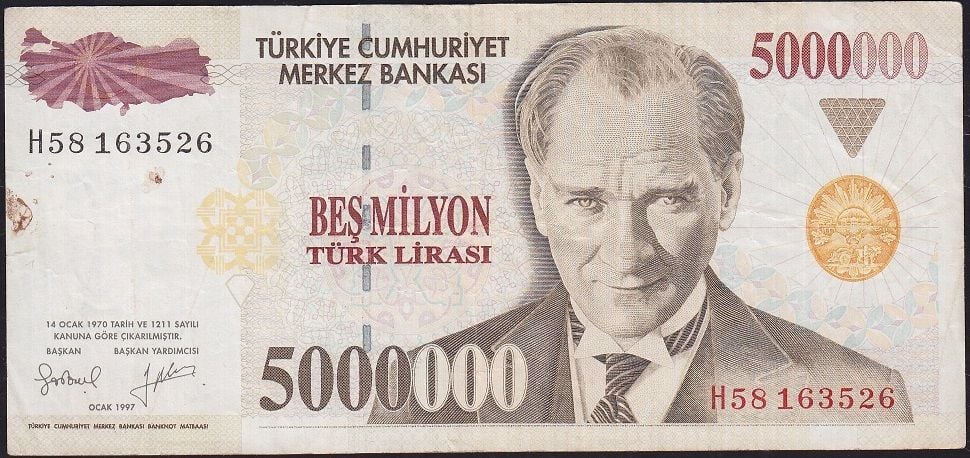 7.Emisyon 5 000 000 Lira H58 163526 Çok Temiz