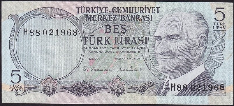 6.Emisyon 2.Tertip 5 Lira H88 021968 Çok Çok Temiz+