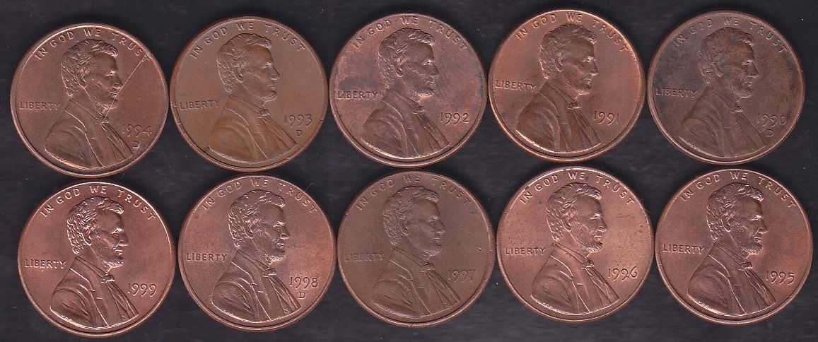 Amerika 1 Cent 1990-1991-1992-1993-1994-1995-1996-1997-1998-1999 Yılları