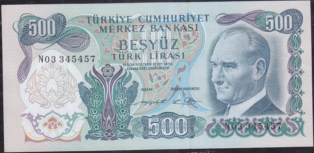 6.Emisyon 2.Tertip 500 Lira N03 345457 Çil