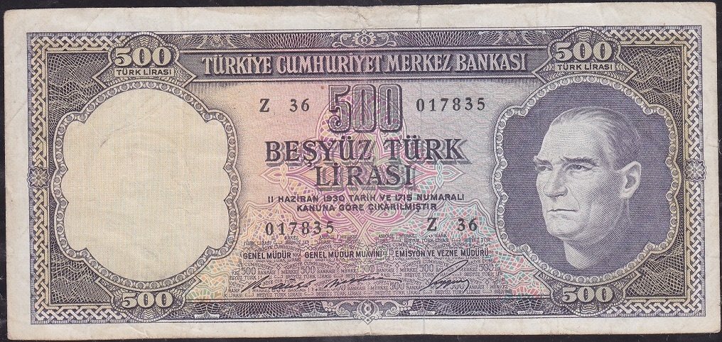 5.Emisyon 4.Tertip 500 Lira Z36 017835 Çok Temiz