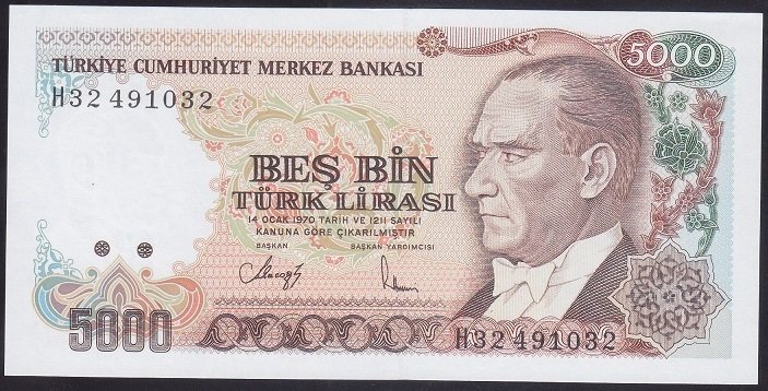 7.EMİSYON 4.TERTİP 5000 LİRA H32 491032 ÇİL