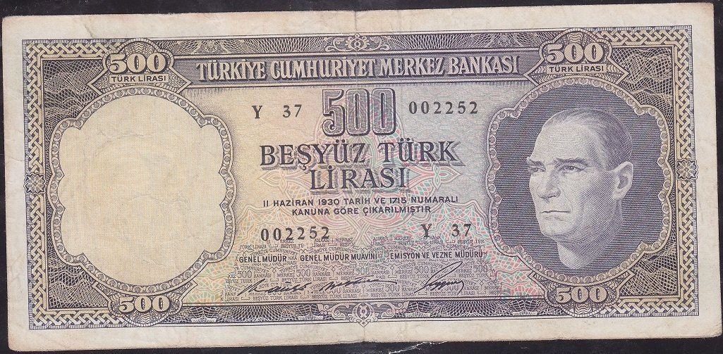 5.Emisyon 4.Tertip 500 Lira Y37 002252 Çok Temiz