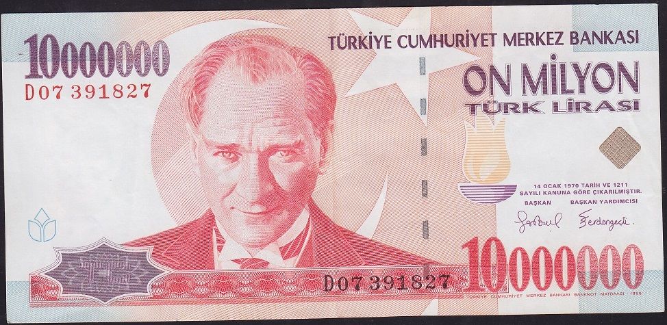 7.Emisyon 10 000 000 Lira D07 391827 Çok Temiz+