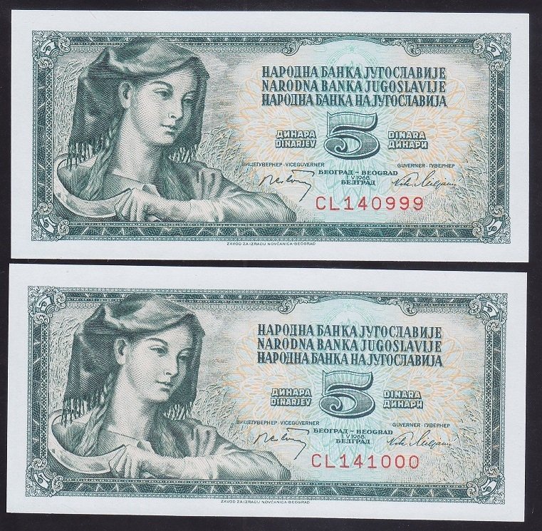 YUGOSLAVYA 5 DİNAR 1968 ÇİL SERİ TAKİPLİ 2 ADET 140999 -141000