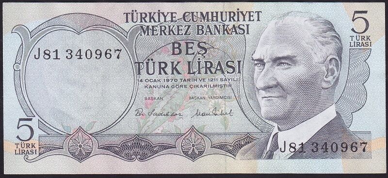 6.Emisyon 2.Tertip 5 Lira J81 340967 Çok Çok Temiz+