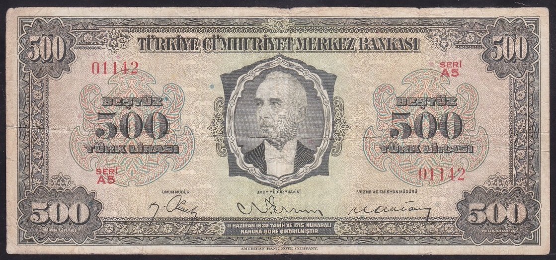 3.EMİSYON 500 LİRA A5 01142 ÇOK TEMİZ eski para mezat