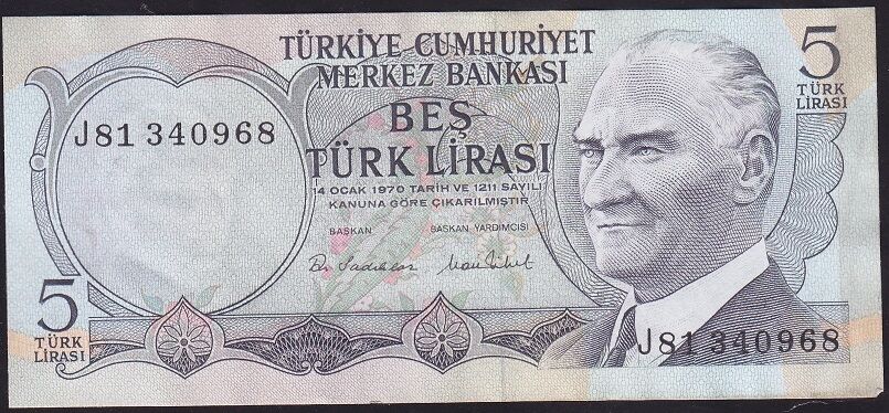 6.Emisyon 2.Tertip 5 Lira J81 340968 Çok Çok Temiz+