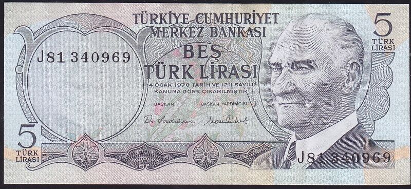 6.Emisyon 2.Tertip 5 Lira J81 340969 Çok Çok Temiz+