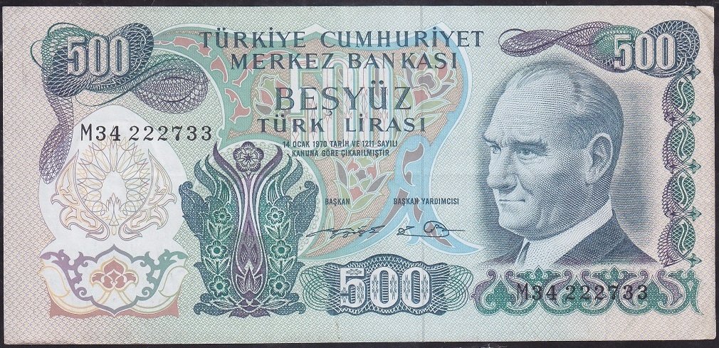 6.Emisyon 2.Tertip 500 Lira M34 222733 Çok Temiz +