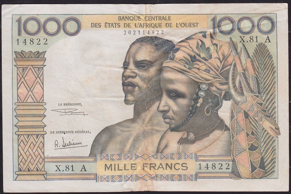 Batı Afrika Devletleri 1000 Frank 1959 Çok Temiz+ ( Fildişi Sahili ) Pick 103A/f