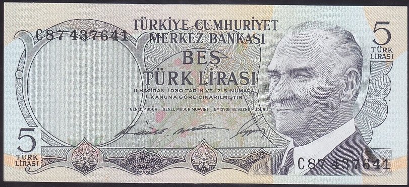 6.EMİSYON 1.TERTİP 5 LİRA C87 437641 ÇİLALTI ÇİL eski kağıt para fiyatları