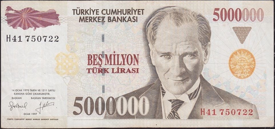 7.Emisyon 5 000 000 Lira H41 750722 Çok Temiz