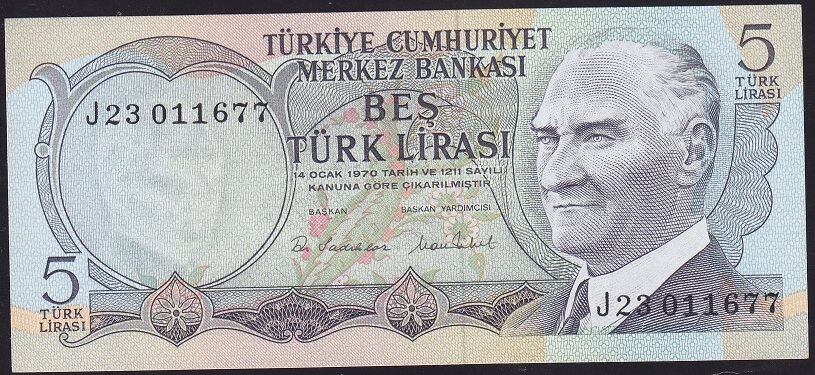 6.Emisyon 2.Tertip 5 Lira J23 011677 Ççt Çilaltı