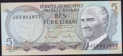 6.Emisyon 2.Tertip 5 Lira J23 011677 Ççt Çilaltı
