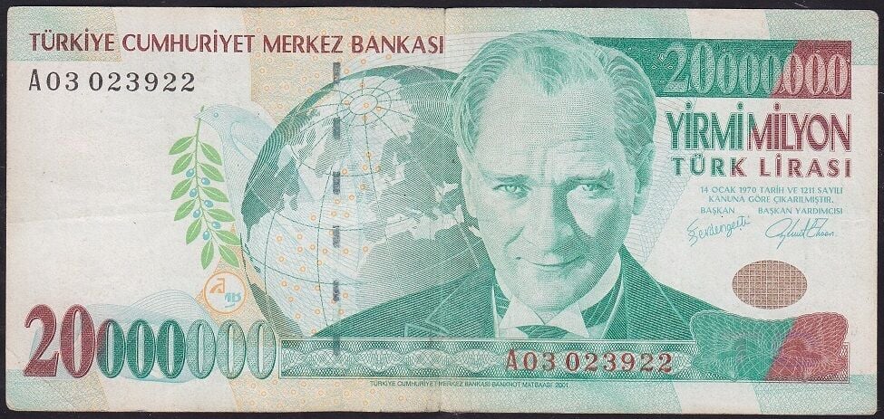 7.Emisyon 20.000.000 Lira A03 023922 Çok Temiz