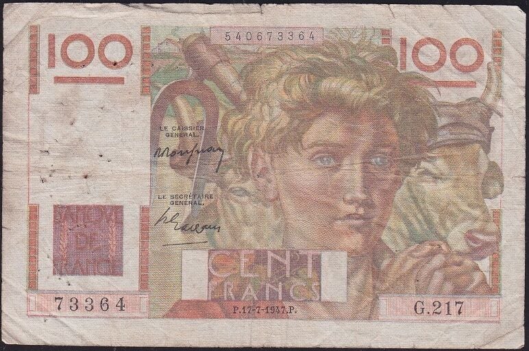 Fransa 100 Frank 17 Temmuz 1947 Çok Temiz