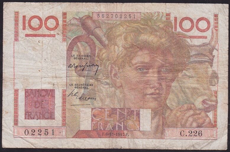 Fransa 100 Frank 6 Aralık 1947 Çok Temiz