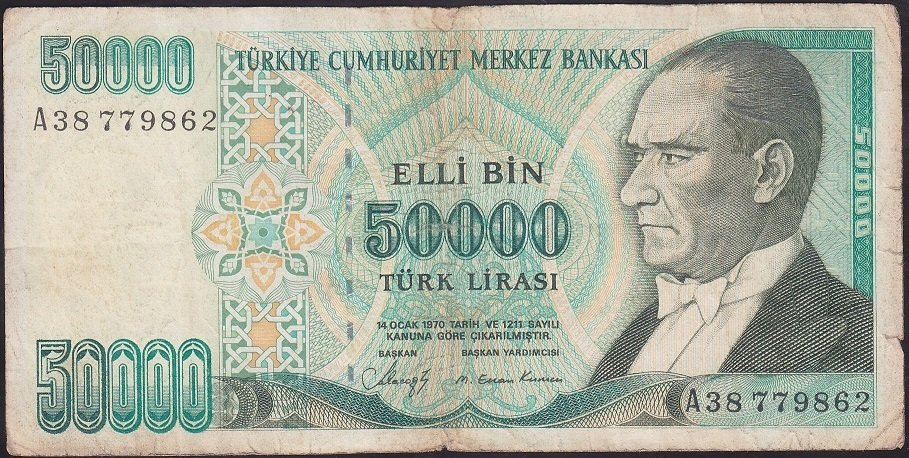 7.EMİSYON 1.TERTİP 50000 LİRA A38 779862 TEMİZ