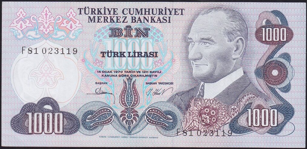 6.Emisyon 3.Tertip 1000 Lira F81 023119 Çil