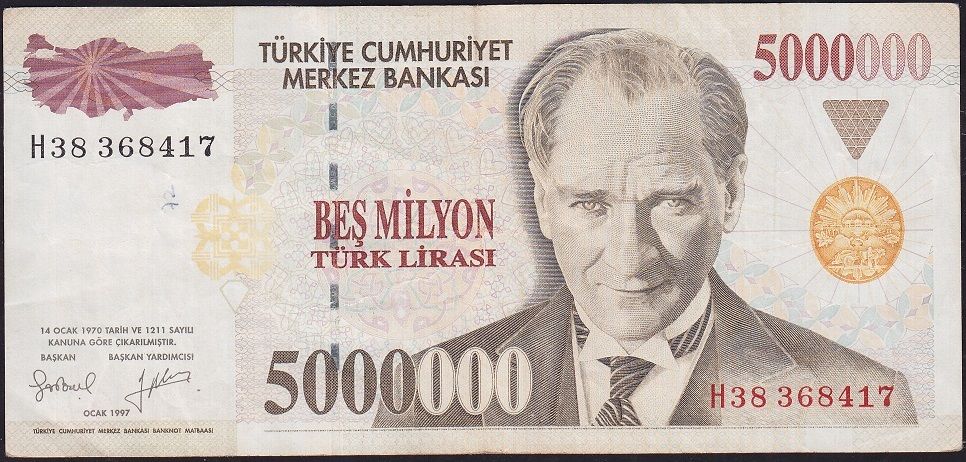 7.Emisyon 5 000 000 Lira H38 368417 Çok Temiz+