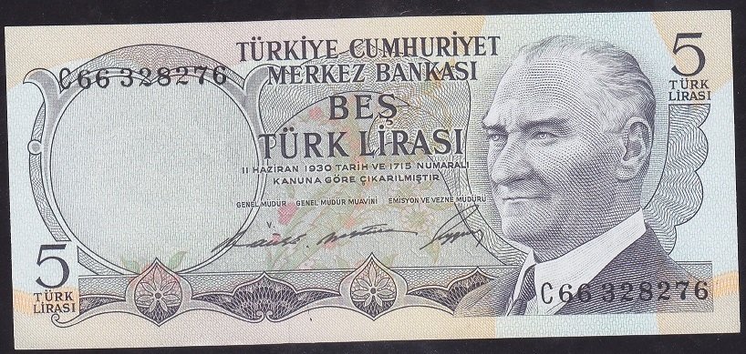 6.EMİSYON 1.TERTİP 5 LİRA C66 328276 ÇİLALTI