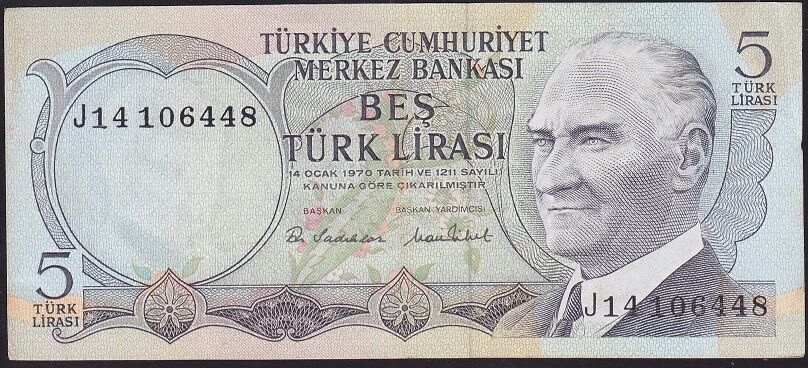 6.Emisyon 2.Tertip 5 Lira J14 106448 Çok Temiz+