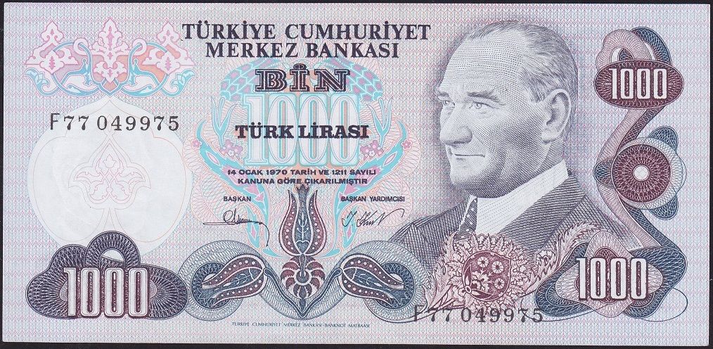 6.Emisyon 3.Tertip 1000 Lira F77 049975 Çilaltı
