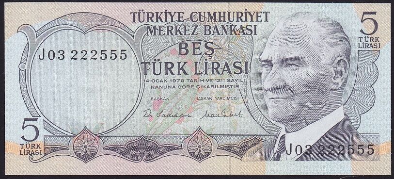 6.Emisyon 2.Tertip 5 Lira J03 222 555 Çil