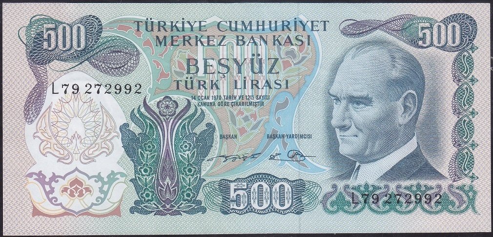 6.Emisyon 2.Tertip 500 Lira L79 272992 Çilaltı ( Tedavül katı yoktur )