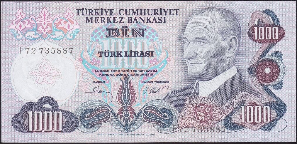6.Emisyon 3.Tertip 1000 Lira F72 735887 Çilaltı