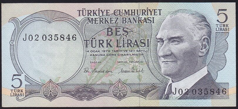 6.Emisyon 2.Tertip 5 Lira J02 035846 Çilaltı