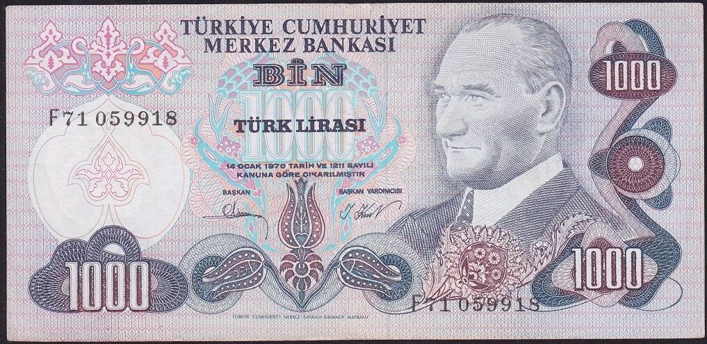 6.Emisyon 3.Tertip 1000 Lira F71 059918 Çok Temiz+