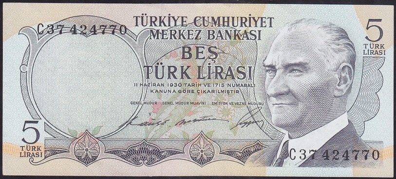 6.EMİSYON 1.TERTİP 5 LİRA C37 424770 ÇÇT +