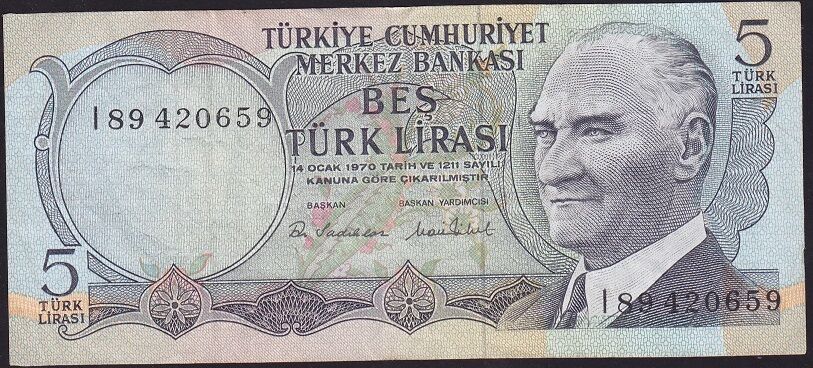 6.Emisyon 2.Tertip 5 Lira I89 420659 Çok Temiz+