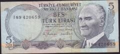 6.Emisyon 2.Tertip 5 Lira I89 420659 Çok Temiz+