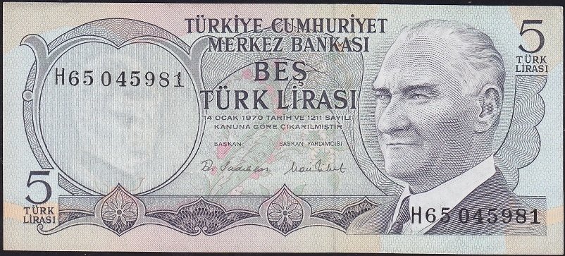 6.Emisyon 2.Tertip 5 Lira H65 045981 Çok Temiz+