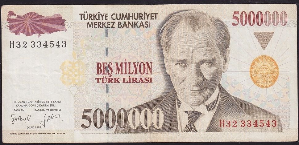 7.Emisyon 5 000 000 Lira H32 334543 Çok Temiz