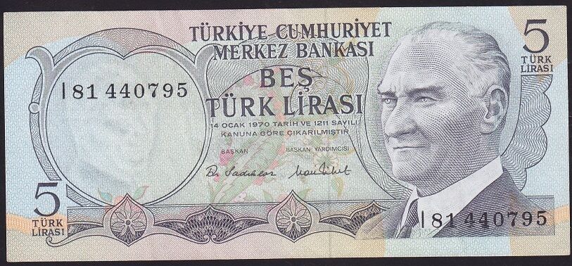 6.Emisyon 2.Tertip 5 Lira I81 440795 Çok Temiz+