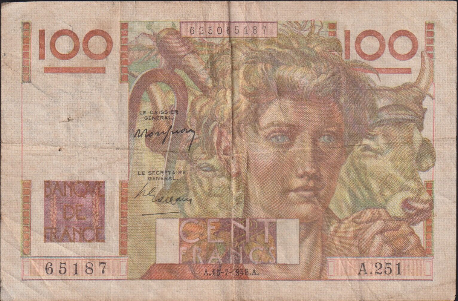 Fransa 100 Frank 15 Temmuz 1948 Çok Temiz