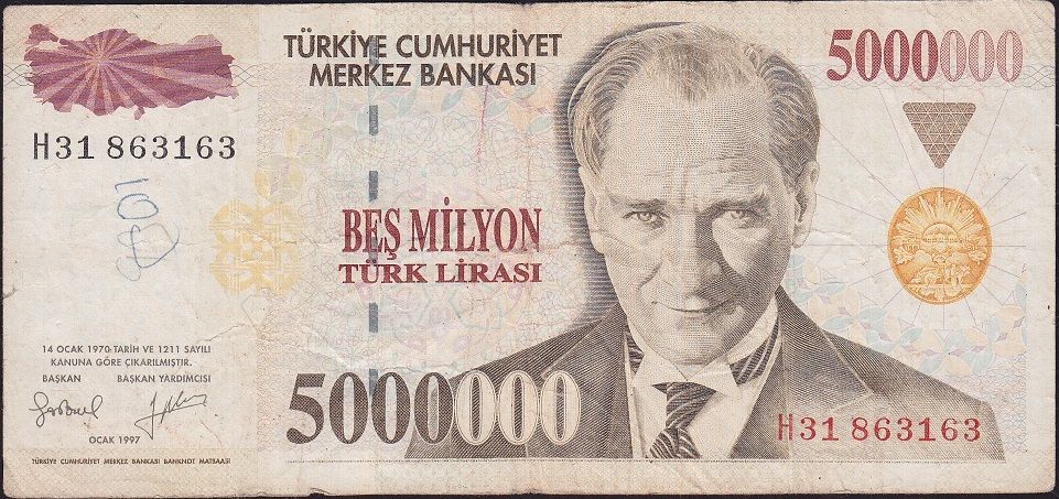 7.Emisyon 5 000 000 Lira H31 863163 Temiz