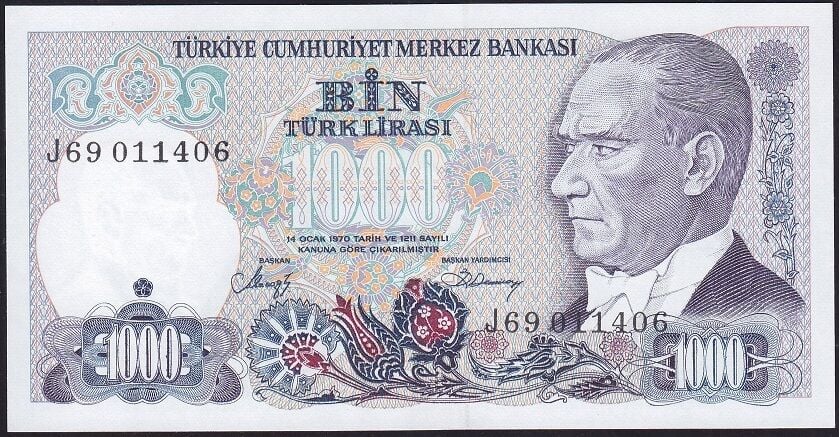 7.Emisyon 2.Tertip 1000 Lira J69 011406 Çil