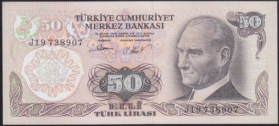 6.EMİSYON 2.TERTİP 50 LİRA J19 738907 ÇİLALTI (KAT YOK SARARMA VAR)